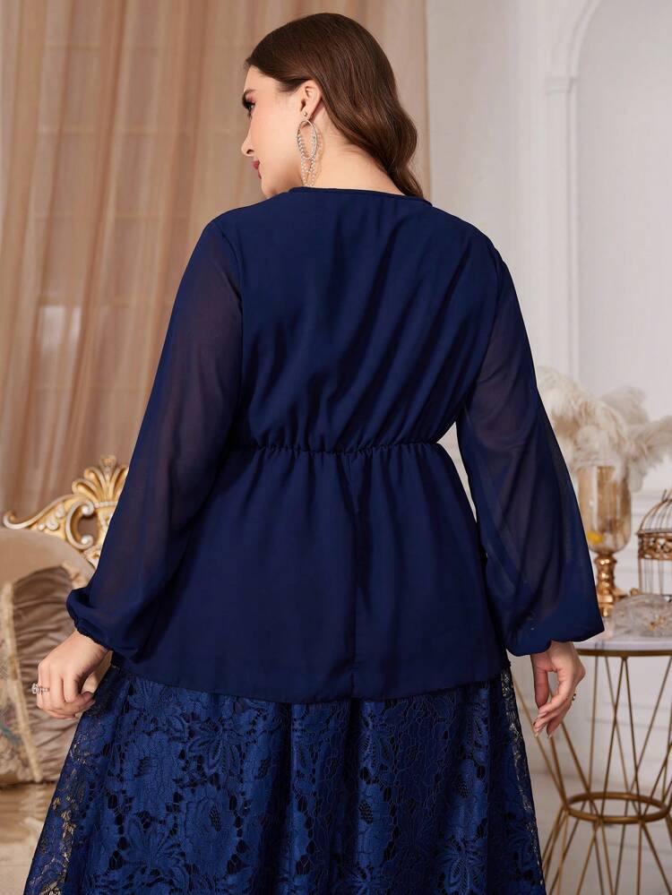 Plus Size Embroidered Mesh Splice V-Neck Shirt