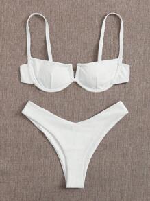 SHEIN Swim Summer Beach Rib Underwire High Cut Bikini Set