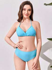 Teen Girl Shoulder Strap Ruffle Hem Sleeveless Tankini Set Summer Beach - Blue - View 4