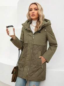 GASMAN Women's Regular Fit Hooded Zip-Up Padded Coat - Khaki - View 6