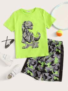 SHEIN Leap Crew Tween Boy Dinosaur Print Top & Allover Print Shorts Set - Multicolor - View 1