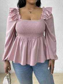 Flirla Blusa con volantes en el bajo para tallas grandes, top con efecto peplum de unicolor - Rosa vieja - Ver 3