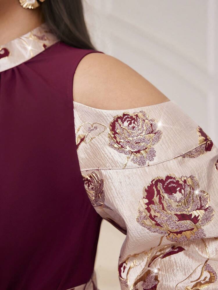 Burgundy Red Plus Size Off-The-Shoulder Patchwork Stand Collar Dress Long Evening Dresses