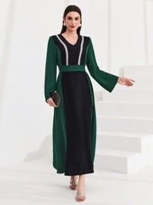 Al Najma Color Block Weaving Belt Patchwork Flare Sleeve Dress