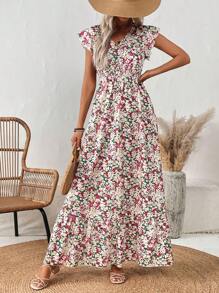 SHEIN LUNE 女士花卉印花盖袖连衣裙 - 酒紅色 - 查看 4