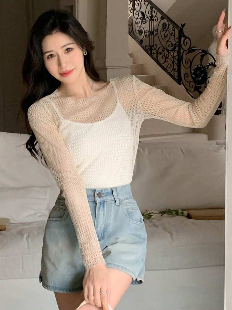 Women's Sheer Mesh Texture See-Through Long Sleeve Blouse,Fall Clothes