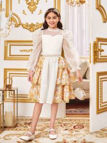 SHEIN Tween Girls' Loose & Cute Patchwork Fabric A-Line Skirt - Gold - View 4