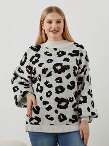SHEIN Cottnline Suéter De Talla Grande Con Estampado De Leopardo Y Mangas De Lámpara - Blanco - Ver 4