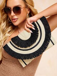 SHEIN SXY Woven Boho Versatile Fashion Color Block Clutch Straw Bag, For Vacation - Black - View 7
