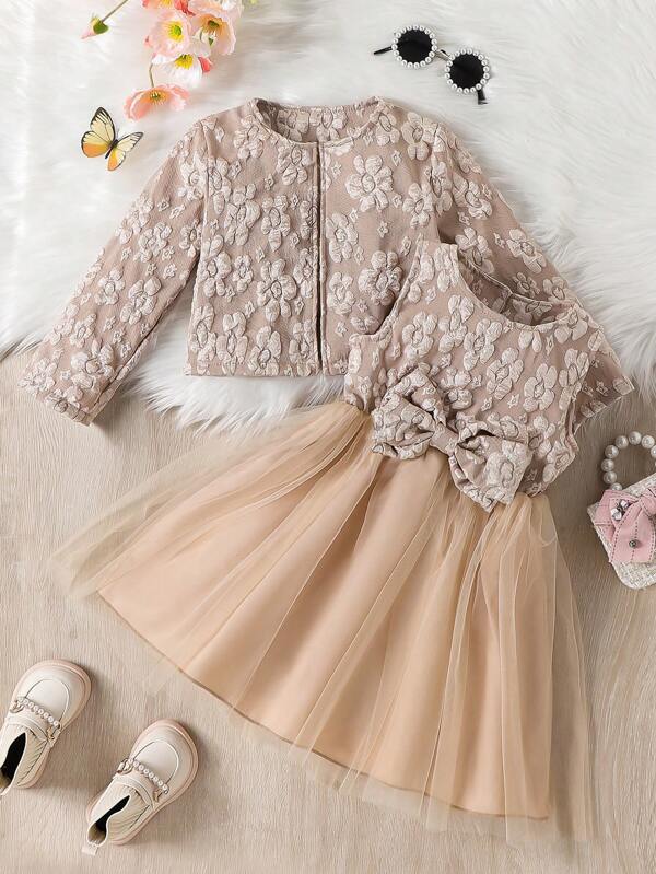 SHEIN Stilvolles Set Aus Floralem Jacquard-mesh-puffkleid Und Langärmliger Jacke Für Junge Mädchen Für Herbst/winter