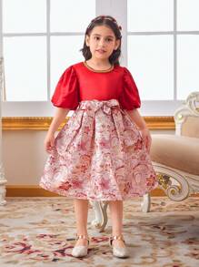 SHEIN Robe d'été à manches ballon pour jeunes filles nouveau style européen vintage avec robe plissée de style cour pour tout-petits - Rouge foncé - Voir 6