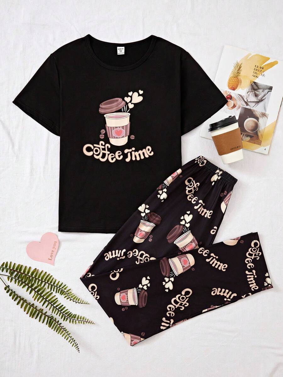 Teen Girls' Full Print Coffee Patterned Pants & Short Sleeve T-Shirt Set With Coffee Print Front, Casual Homewear - Black - View 1