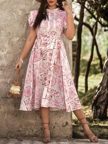 SHEIN Clasi Plus Size Women's Floral Print Double Layer Sleeves Dress - Multicolor - View 4