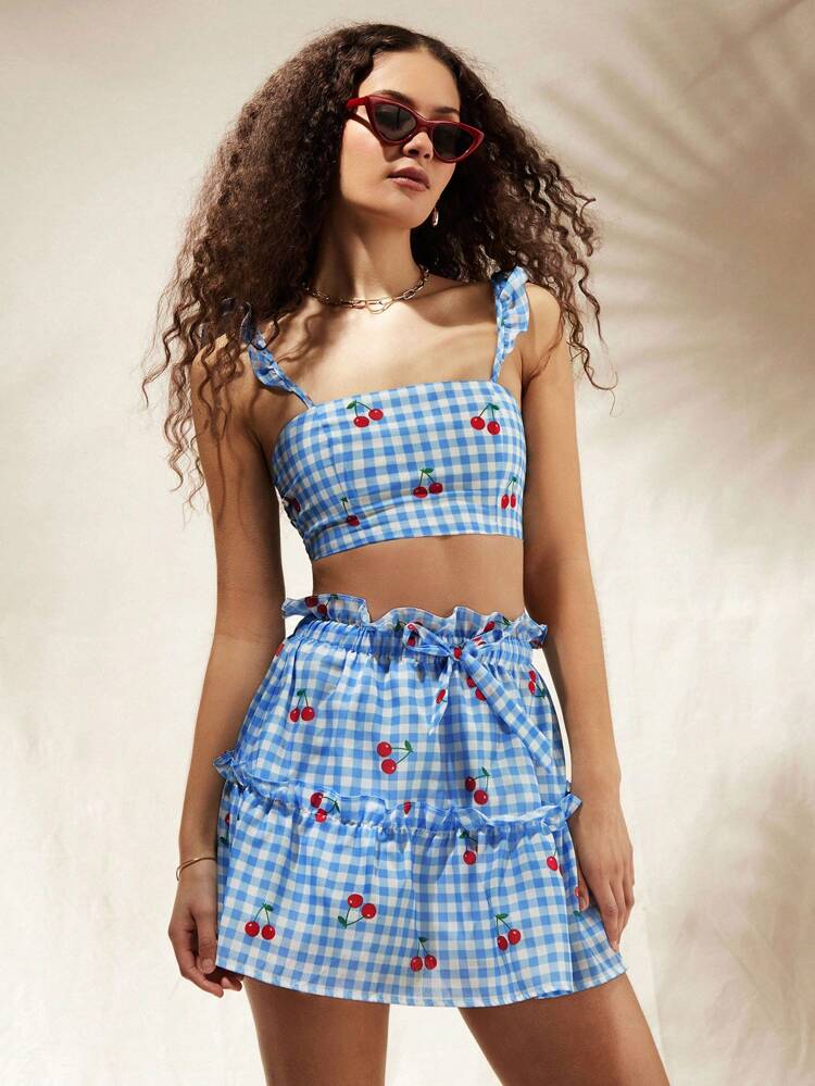 Gingham Cherry Printed Ruffle Edge Crop Top And Skirt Set