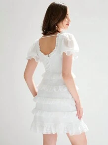 Enchnt Women's Romantic Multi-Layered Ruffle Hem Puff Sleeve Dress, Summer - White - View 3