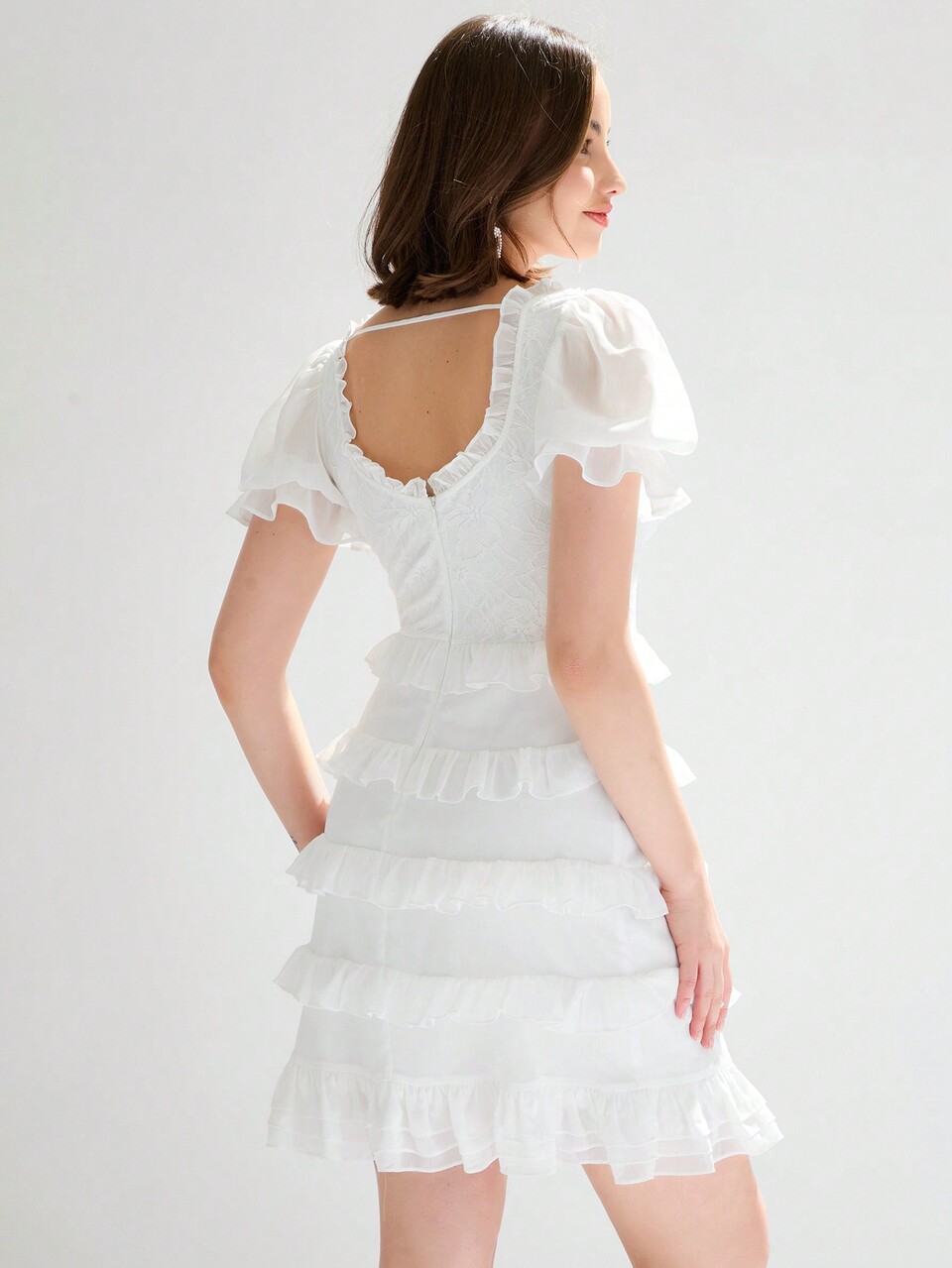 Women's Romantic Multi-Layered Ruffle Hem Puff Sleeve Dress, Summer