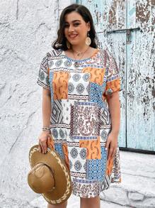 SHEIN CURVE+ 大尺碼女款花卉印花圓領連身裙 - 彩色 - 查看 5