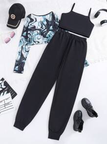 Top De Malla De Manga Larga Con Estampado De Mármol Informal Para Adolescentes, Conjunto De 3 Piezas Que Incluye Top Cami Y Pantalones, Perfecto Para Uso Diario En La Calle