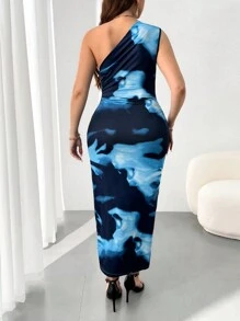 SHEIN LUNE 大码女式波西米亚风印花荷叶边褶皱单肩连衣裙女装，适合夏季