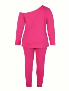Set de 2 piezas con top con cuello asimétrico y bajo con abertura talla grande talla y pantalones rotos para mujer - Rosa Fucsia - Ver 2