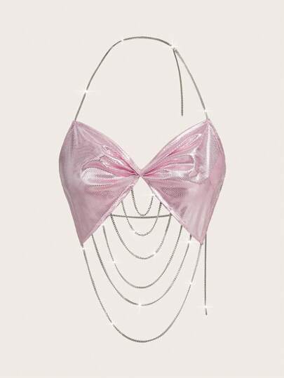 SHEIN ICON Twist Detail Chain Decorated Halter Backless Top