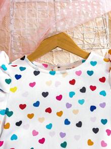 SHEIN Tween Girls' Knit Love Pattern Crew Neck Bubble Sleeve Fitted Casual Dress - White - View 4