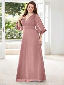 UNITHORSE Plus Size Deep V Neck Pleated Lantern Sleeve Chiffon Bridesmaid Dress
