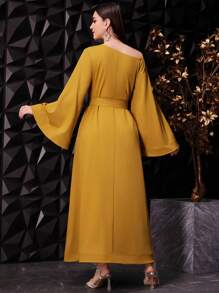 Modelyn Women's Asymmetrical Shoulder Flare Sleeve Belted Dress,Elegant Evening Party Dress Long Evening Dresses