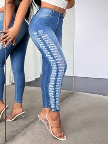 SHEIN SXY 女士時尚磨邊洗水牛仔褲 - 中等水洗藍 - 查看 5