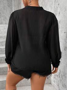 Calvaya Kích thước lớn Của phụ nữ Màu thuần Tay áo dài Áo sơ mi - màu đen - Xem 2