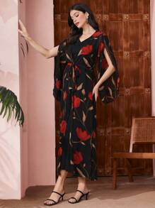 Modelyn Women's Floral Printed Arabic Style Two Pieces Dress Set - Black - View 5