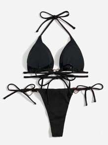 SHEIN Swim Summer Beach Solid Heart-Ring Linked Halter Triangle Tie Side Bikini Set - Black - View 2