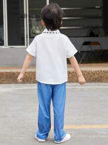 Young Boy's  Effect Striped Shawl Collar Casual 3-Piece Set For Summer - Blue and White - View 2