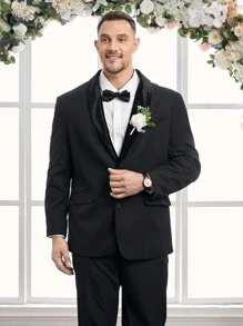 GENTILAND 男裝大尺碼西裝 2入組：明信片領長袖西裝外套和編織休閒長褲 - 黑色 - 查看 3