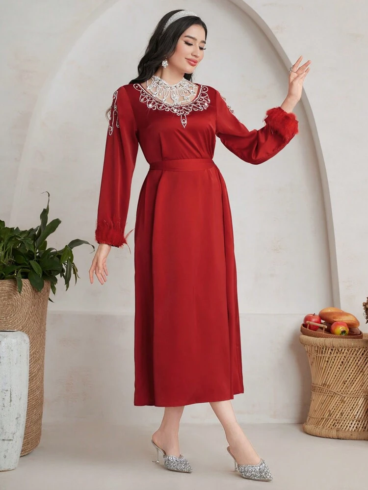 Burgundy Red 1pc Women's Fuzzy Cuff Dress With Rhinestone Decor, Necklace Not Included Long Evening Dresses