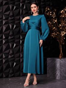 Modelyn 女士纯色圆领灯笼袖阿拉伯连衣裙，优雅晚宴派对长款端庄长袖连衣裙 - 綠色 - 查看 3