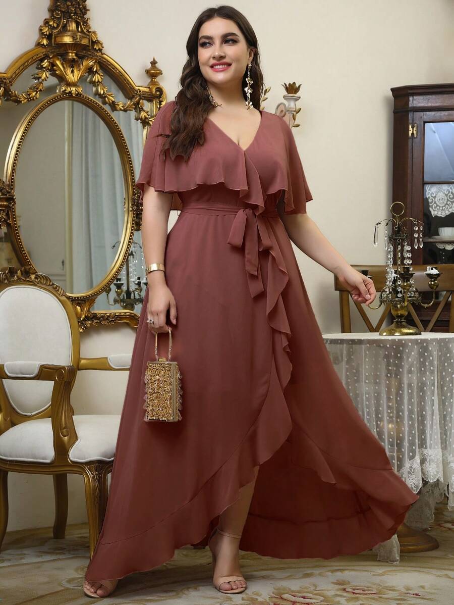 UNITHORSE Plus Size V-Neck Ruffle Trim Chiffon Bridesmaid Dress Elegant Dress - 紅木色 - 查看 1