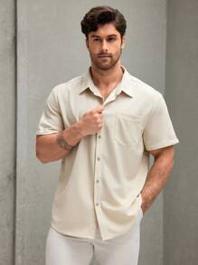 Manfinity Homme Áo sơ mi nam tay ngắn cổ tròn đơn giản cỡ lớn dành cho bố - Màu be - Xem 4