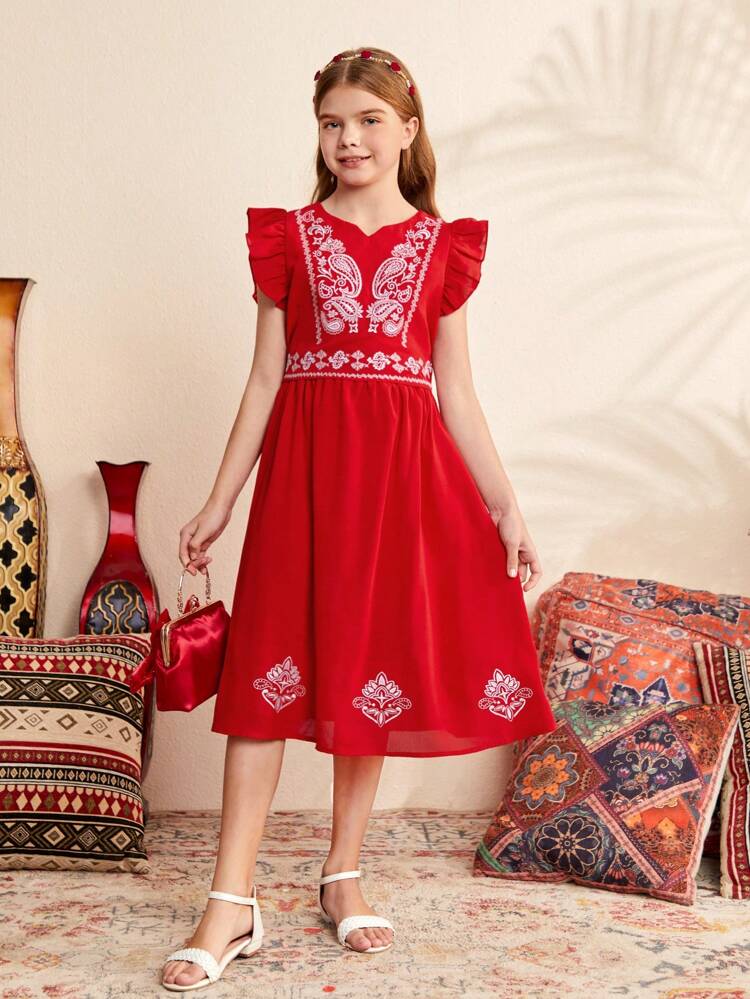 Tween Girl's Loose, Cute, Conservative Vacation Cap Sleeve Paisley Printed Blouse And Solid Color Skirt Set