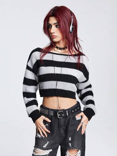 Grunge Punk Maglione A Collo Asimmetrico A Righe E Crop