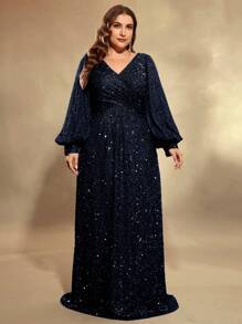 UNITHORSE Plus Size Lantern Sleeve Sequined Formal Dress Wedding Party - Navy Blue - View 4