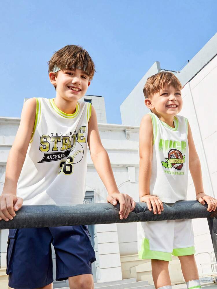Young Boy's Colorblock Letter Patterned Top And Shorts Set For Casual Outfit