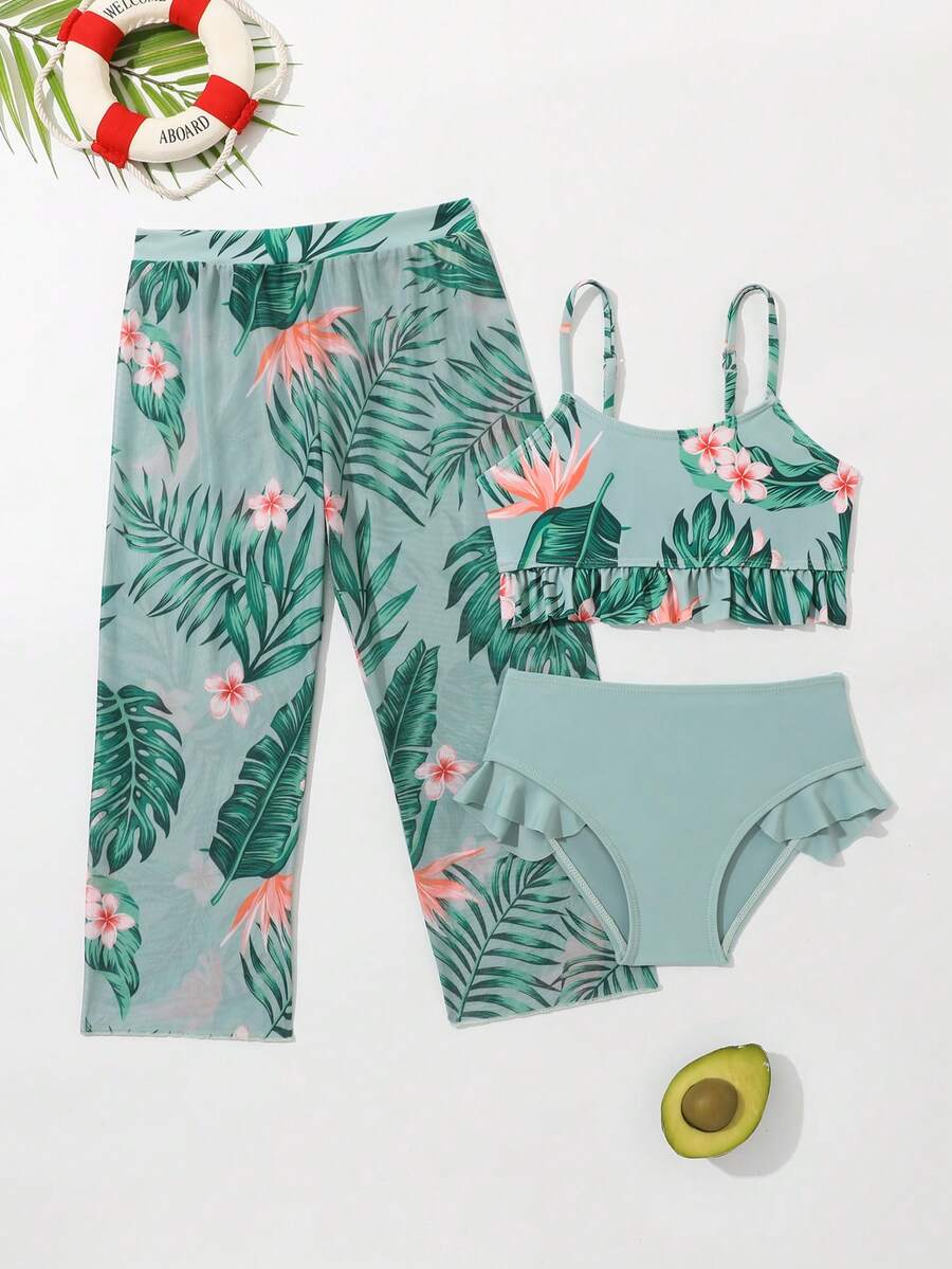 Bộ bikini không tay in hình cho cô gái trẻ (Mẫu ngẫu nhiên) với ba mảnh đi biển mùa hè - màu xanh lá - Xem 1