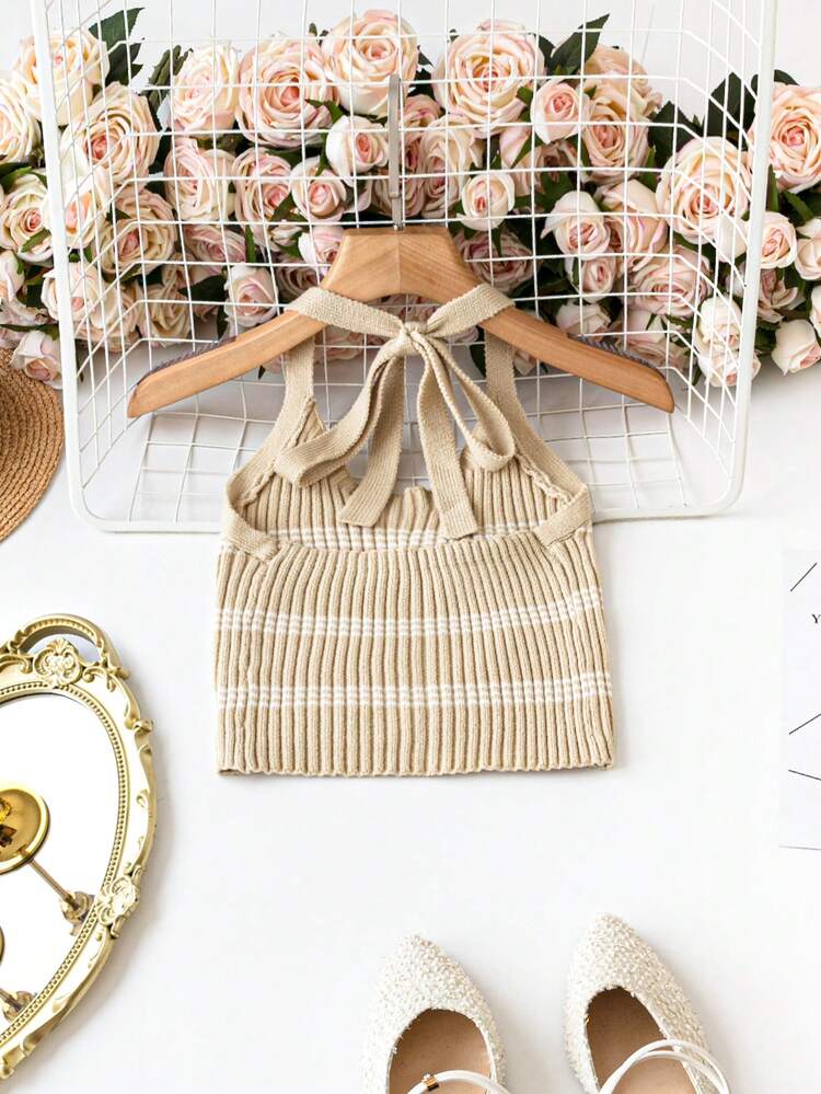 Plus Size Women's Striped Back Tie Sleeveless Knit Top