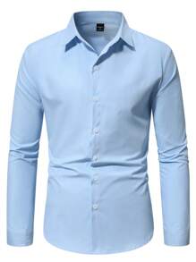 Manfinity Mode 男士纯色纯色休闲长袖衬衫 送给男朋友的礼物 - 淺藍色 - 查看 3