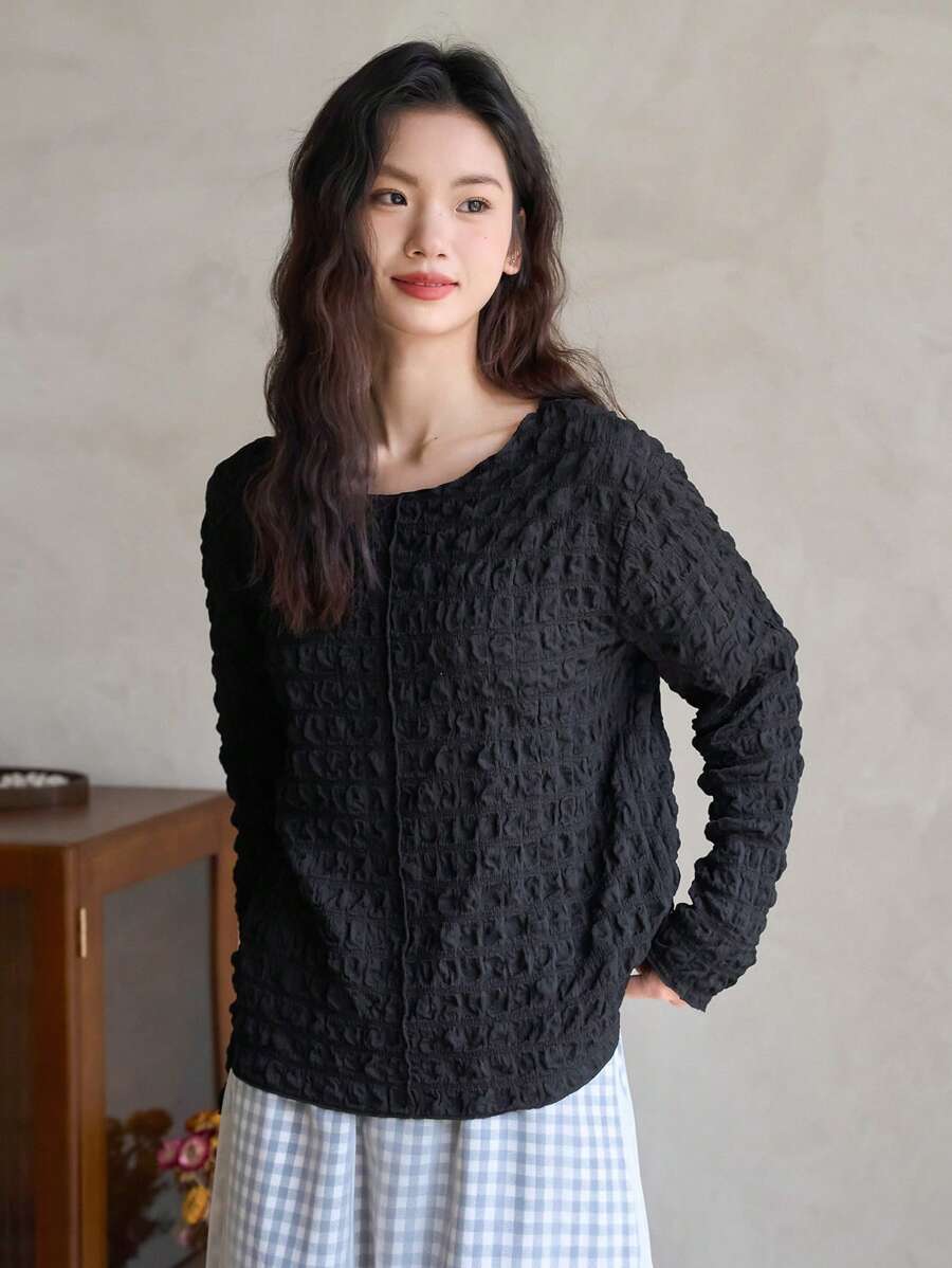 FRIFUL 女性圓領黑色紋理t卹