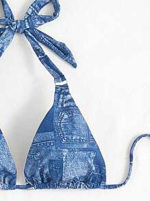 SHEIN Swim Bộ bikini cổ yếm hiệu ứng denim đi biển mùa hè - Màu xanh lam - Xem 5