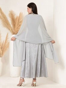 女士无袖圆领连衣裙配纯色披肩两件套 - 淺灰色 - 查看 2
