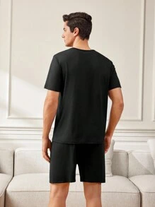 1套男士心形圖案短袖T恤和短褲家居服 - 黑色 - 查看 2