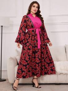 Al Najma Plus Size Floral Print Notched Collar Dress With Waist Belt, Arabic Clothing Kaftan Jalabiya Dress - Multicolor - View 5